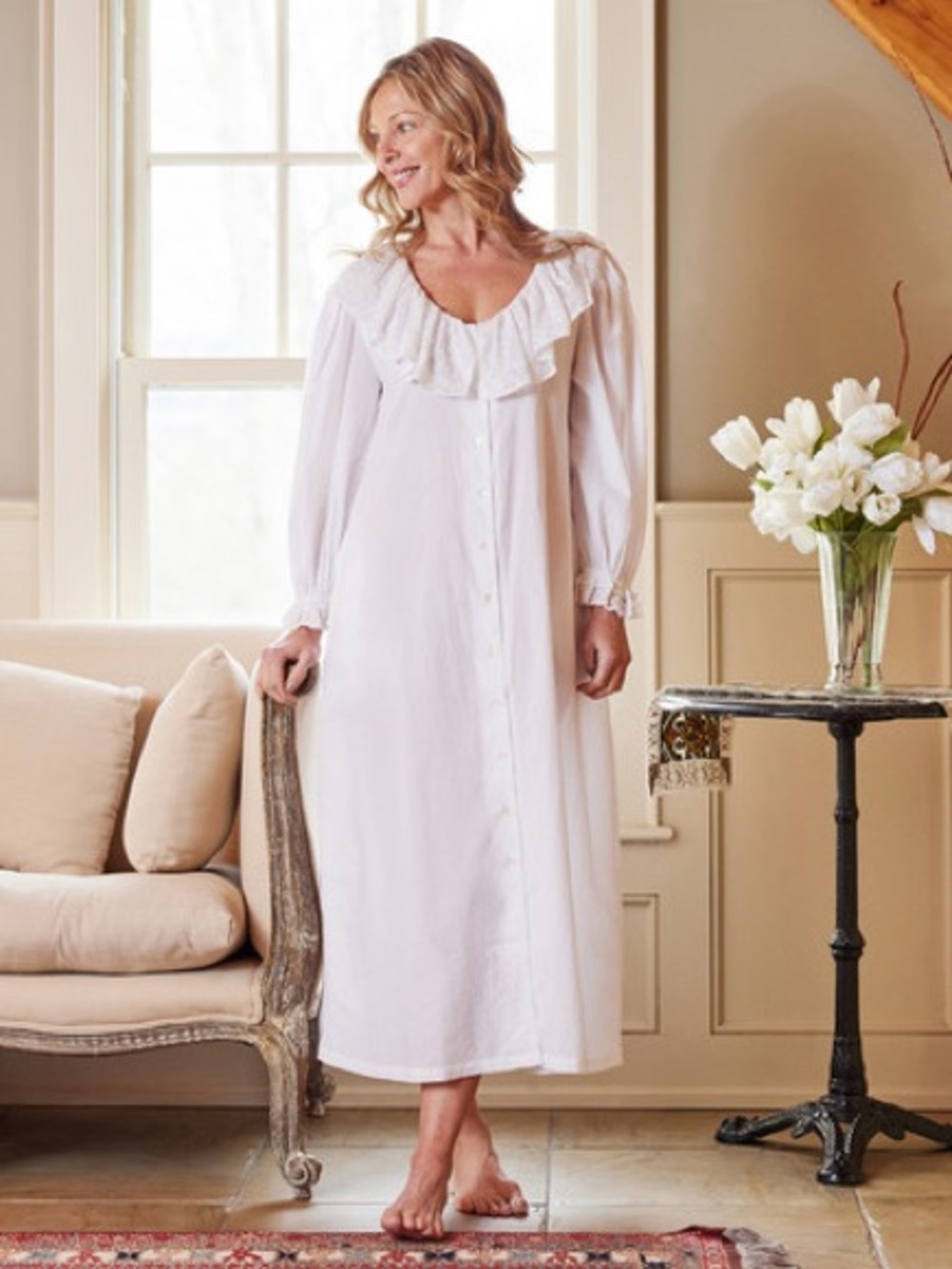 April Cornell White Ruffled Long-Sleeve Nightgown